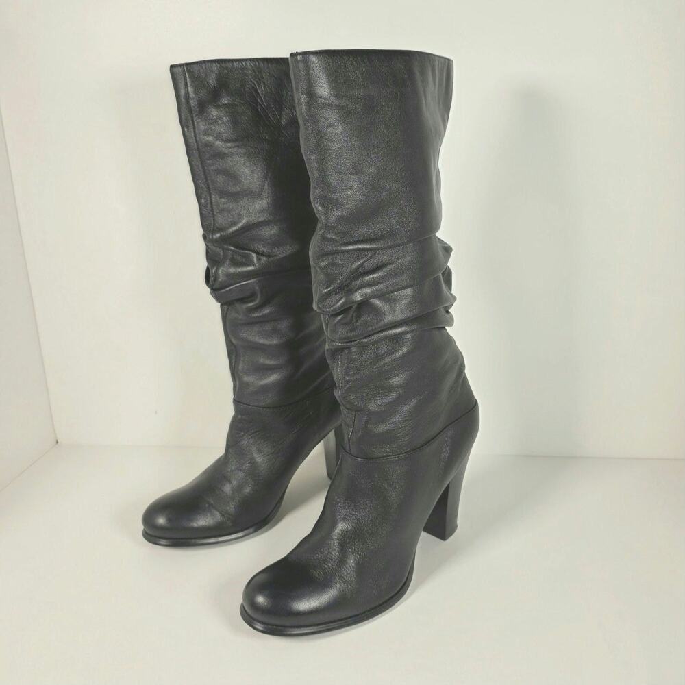 Ecco Womens 75 Shape Black Leather Tall Slouch Boots 3" Heel Scrunched Shaft 9N